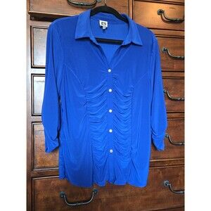 Anne Klein Royal Electric Blue Slimming Ruched Button Front Blouse 3/4 Sleeve  L